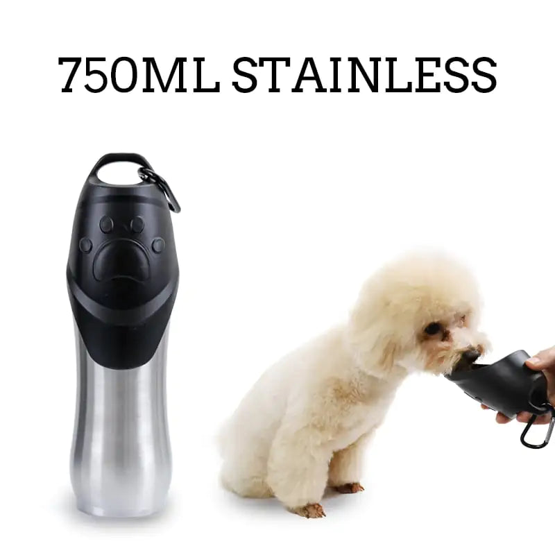 Small dog drinking from stainless steel pet water bottle, 750ML size, ensures hydration and convenience for pets.