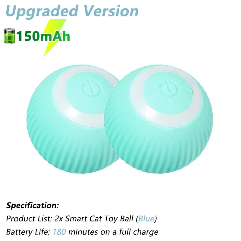 Interactive cat toy rolling ball in blue, upgraded version, with 150mAh battery, providing 180 minutes of play for cats.