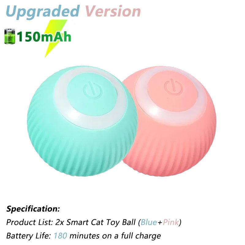 Two upgraded 150mAh interactive cat toy rolling balls in blue and pink with 180-minute battery life on full charge.