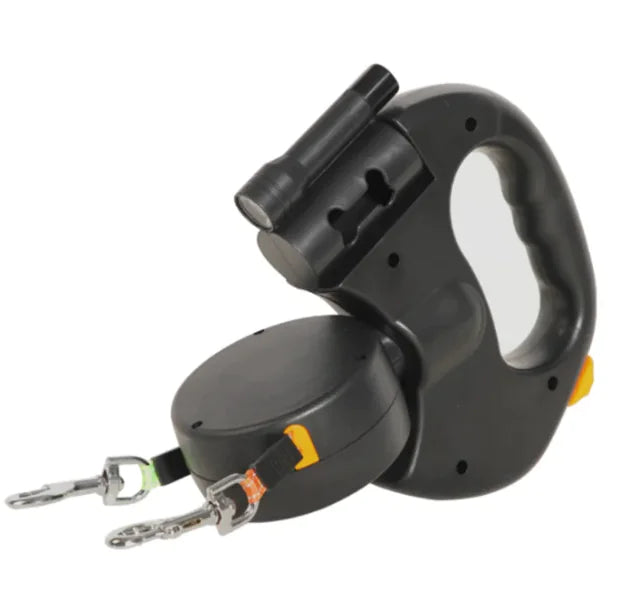 Automatic double dog leash with dual retractable leads, designed for walking two dogs simultaneously. Black ergonomic design with clips.