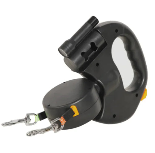 Automatic double dog leash with dual retractable leads, designed for walking two dogs simultaneously. Black ergonomic design with clips.