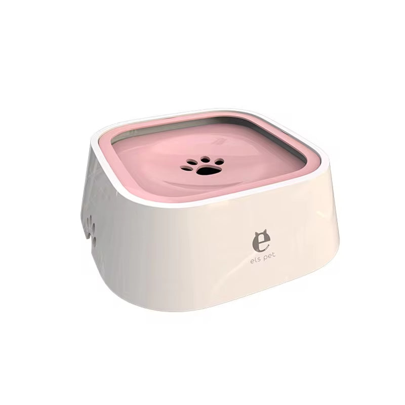 Spill-proof dog water bowl with floating plate design in pink and white, mess-free hydration for pets, perfect for home or travel.