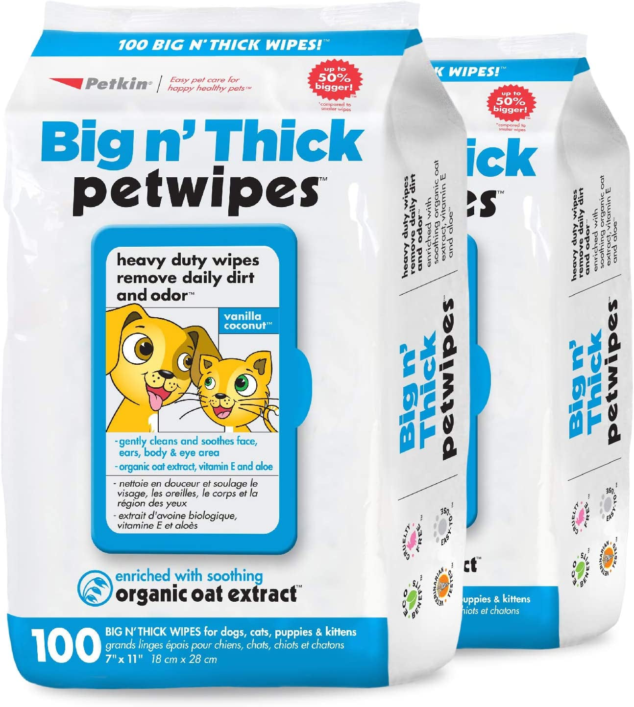 Large Petkin organic pet wipes for dogs and cats, 200 count with oat extract for gentle cleaning at home or travel.