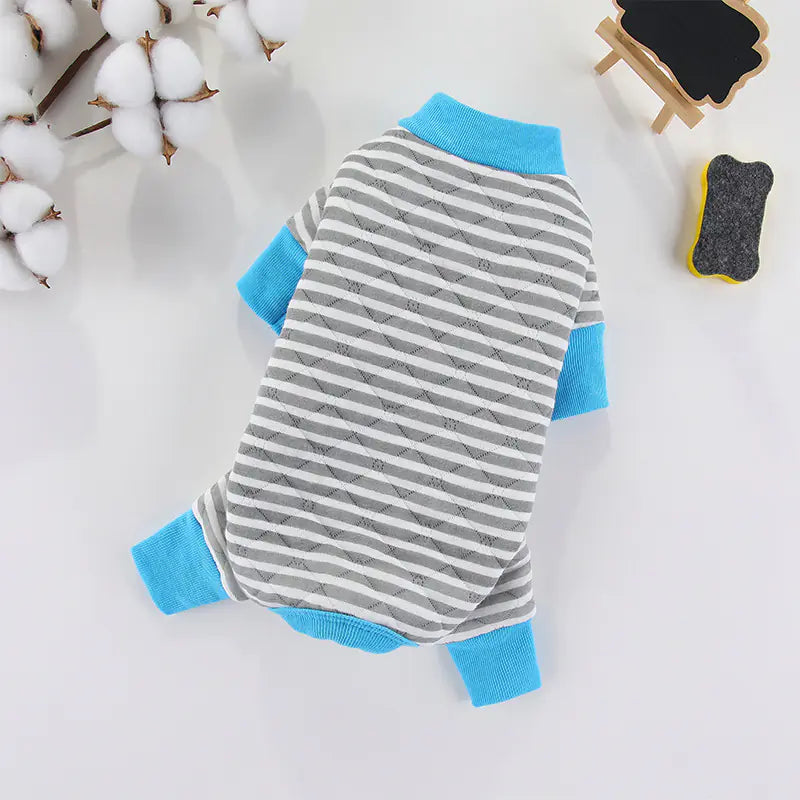Striped winter dog coat in four-legged design with blue cuffs, keeping pets warm and stylish.