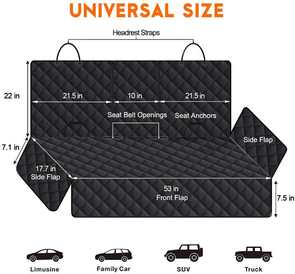 Universal size waterproof dog car seat cover with measurements, fits most cars, trucks, SUVs, includes seat belt openings and anchors.