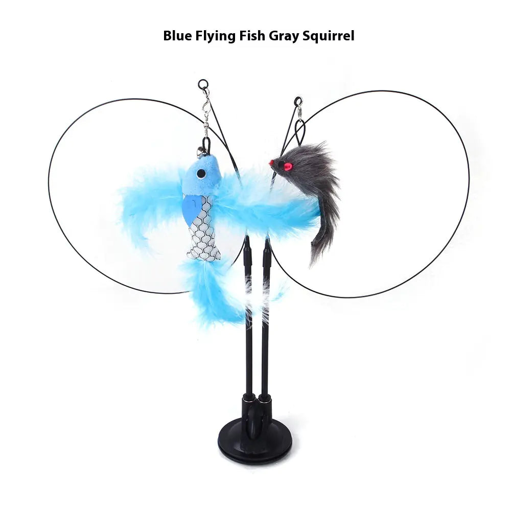 Interactive cat teaser toy with suction cup base, including blue flying fish and gray squirrel attachments.