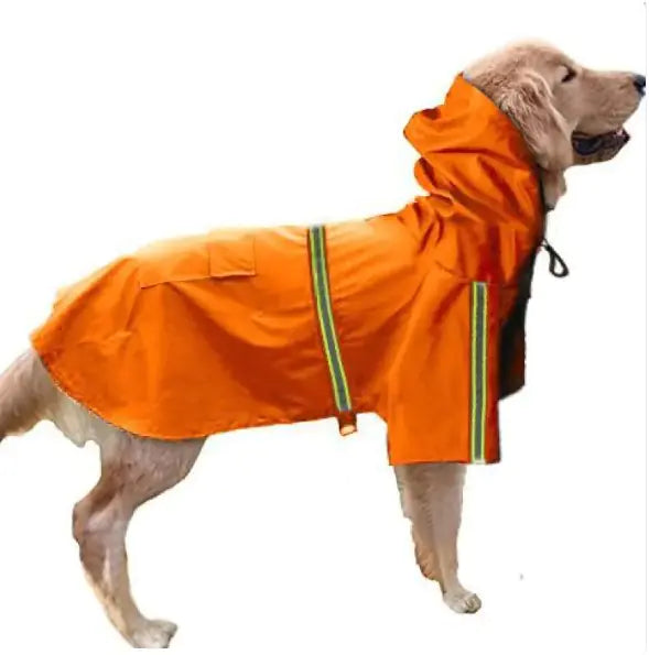 Golden retriever wearing an orange pet bathing shower jacket, designed for comfortable and efficient pet baths with adjustable straps.
