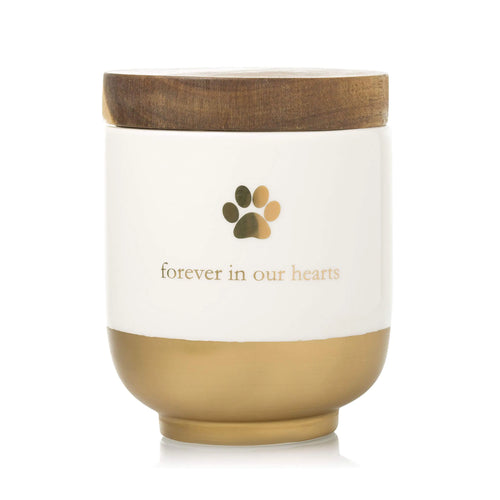 Ceramic pet urn with gold accents and 'forever in our hearts' inscription, designed for ashes up to 45 lbs, by Pearhead.