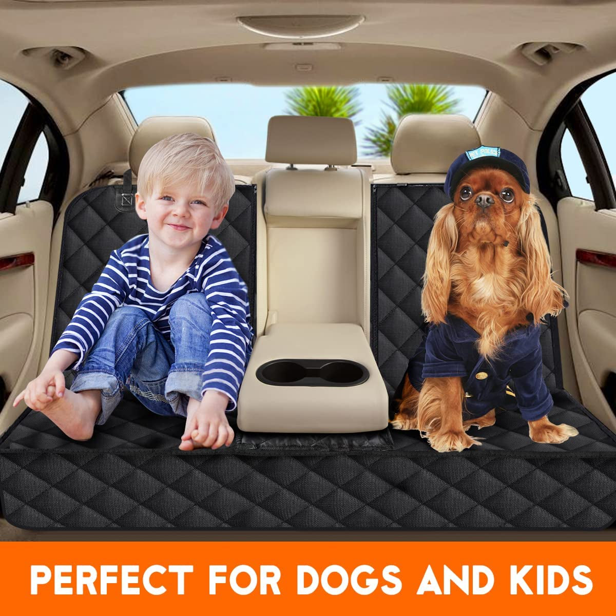 Waterproof dog car seat cover with non-slip design, protecting back seat of car, showcasing comfort for kids and dogs, black color.