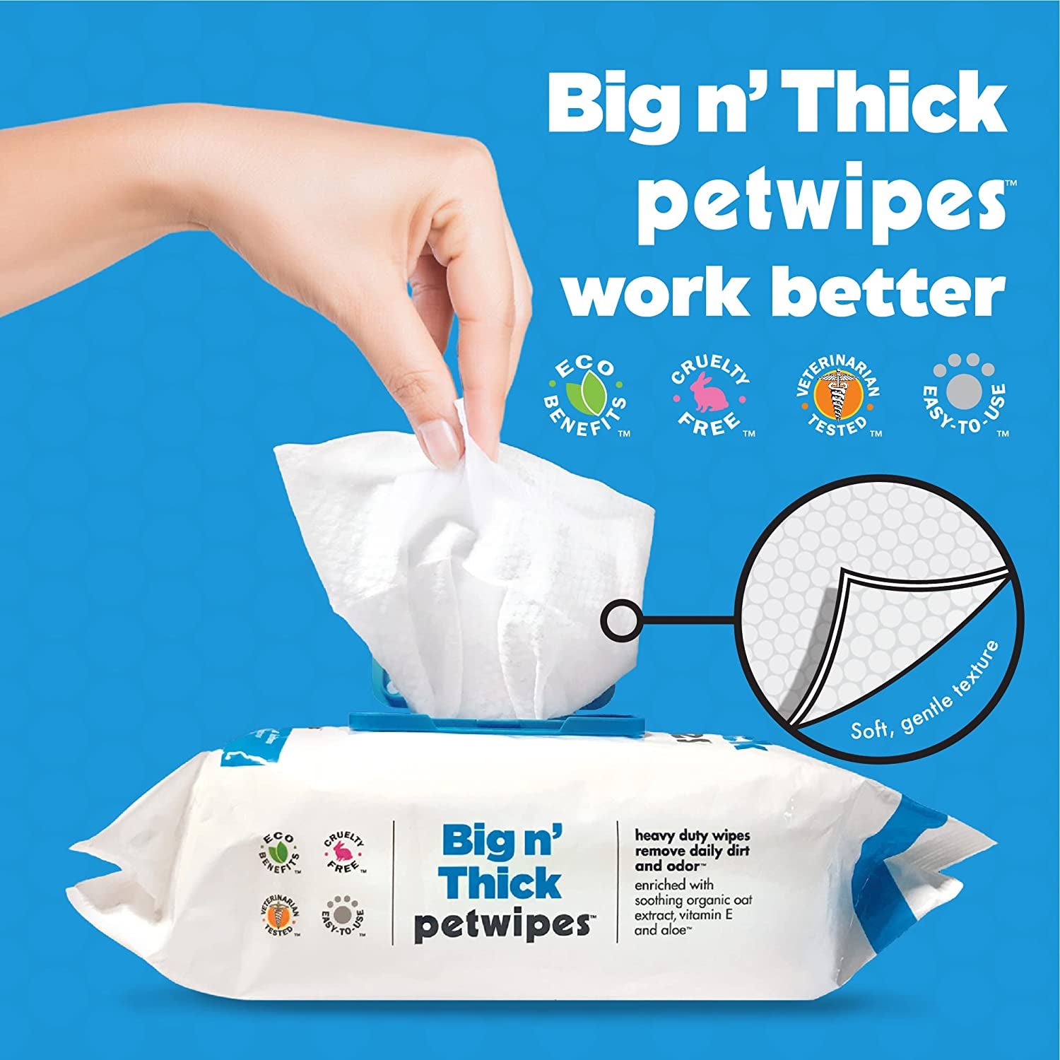 Organic pet wipes for dogs and cats, 200 count, showing packaging and gentle texture.