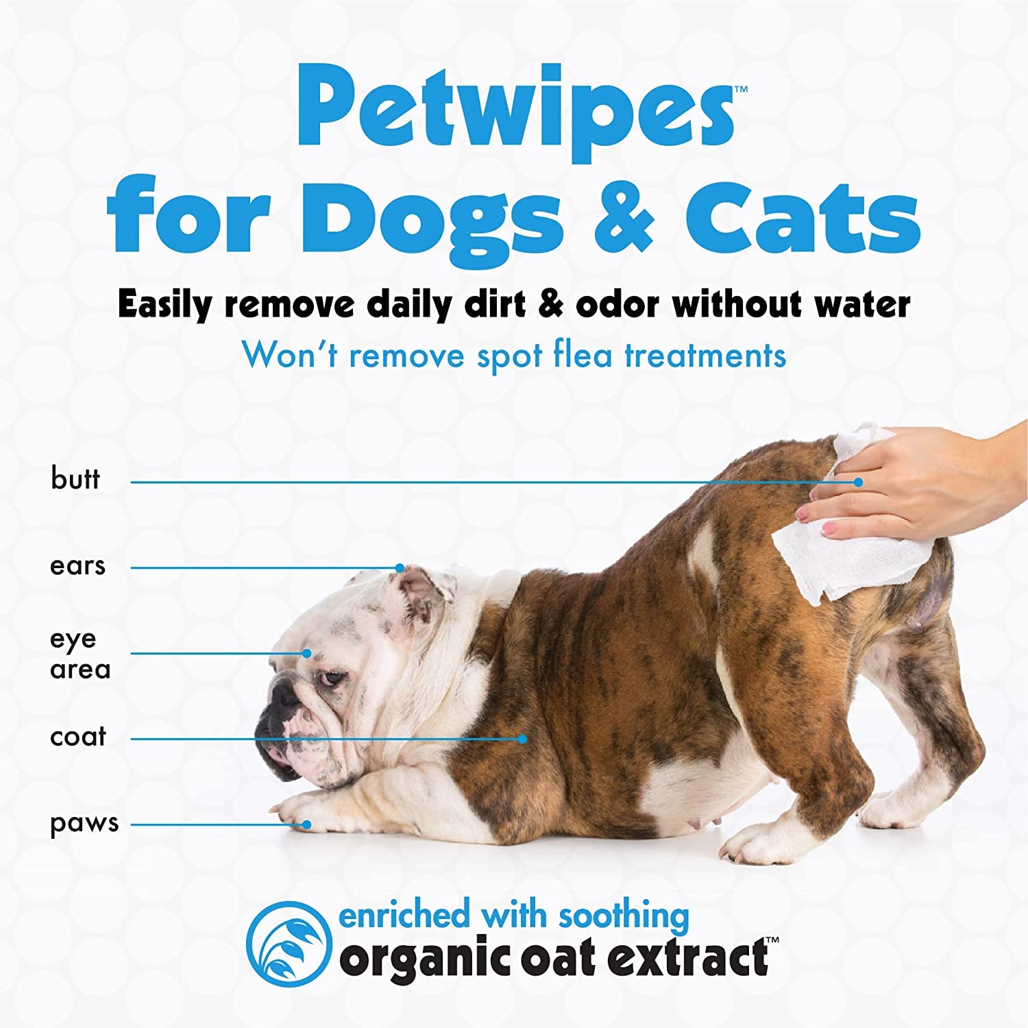 Dog being cleaned with organic pet wipes for dogs and cats, enriched with organic oat extract for gentle daily care.