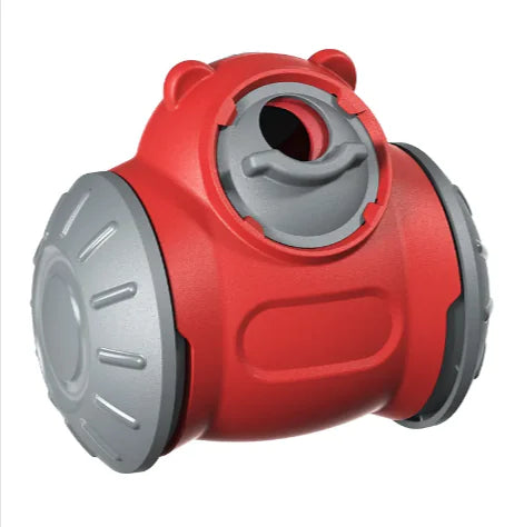 Interactive dog feeder toy - red tumbler puzzle for pet IQ enhancement and entertainment.