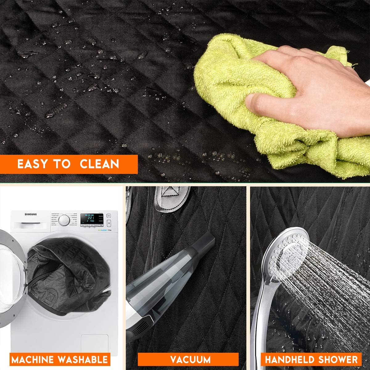 Cleaning waterproof dog car seat cover showing machine wash, vacuum, and handheld shower options