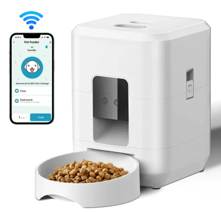 Smart pet auto feeder with remote control and scheduling, showing food tray and smartphone interface for remote feeding.