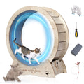 JubiNatural cat exercise wheel with a kitten running on the 33.9" treadmill, featuring a quiet carpeted runway and accessories for indoor cats.