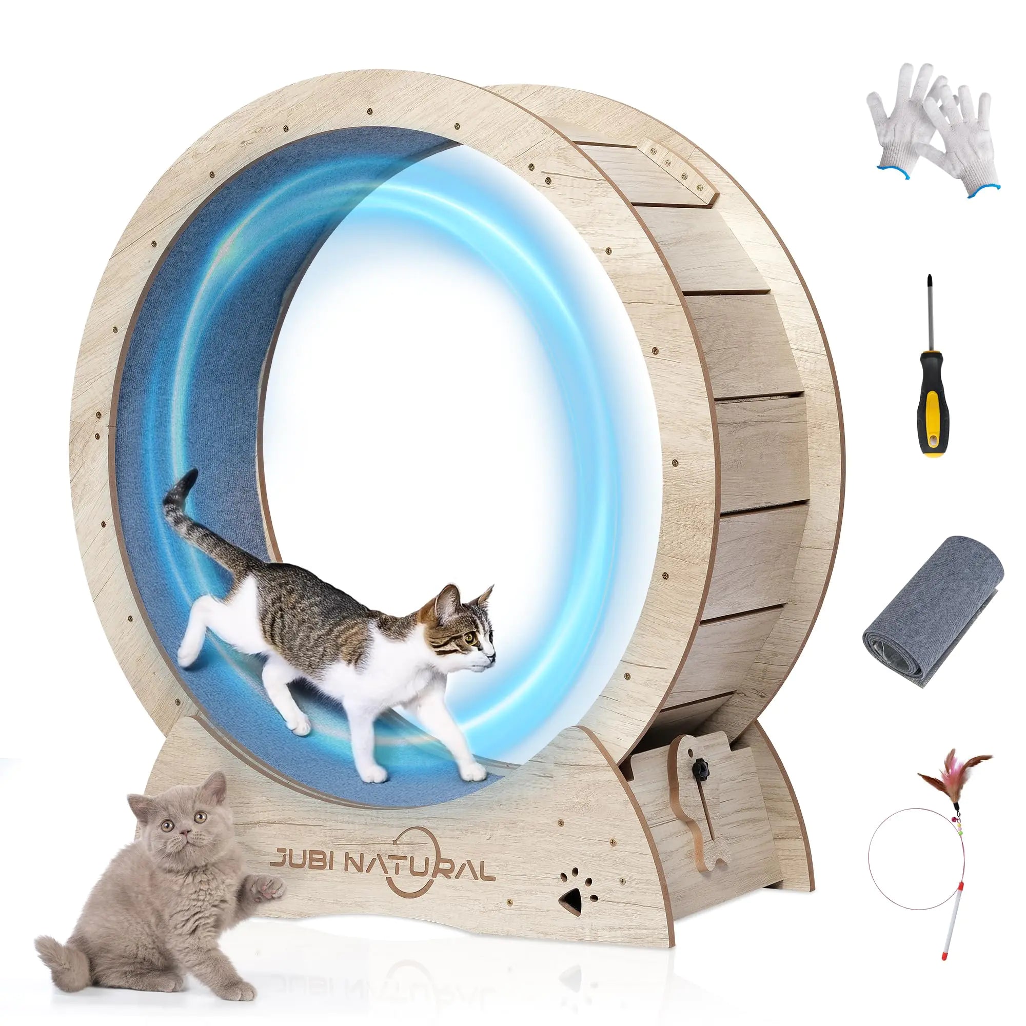 JubiNatural cat exercise wheel with a kitten running on the 33.9" treadmill, featuring a quiet carpeted runway and accessories for indoor cats.