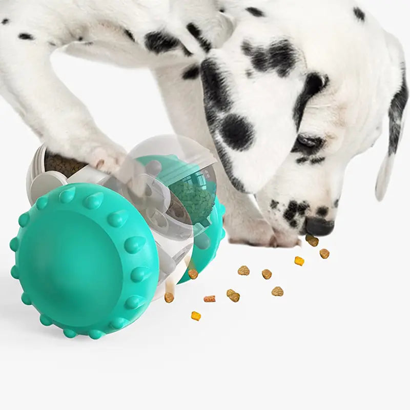 Dalmatian puppy playing with interactive dog toy food dispenser tumbler releasing kibble on white background.