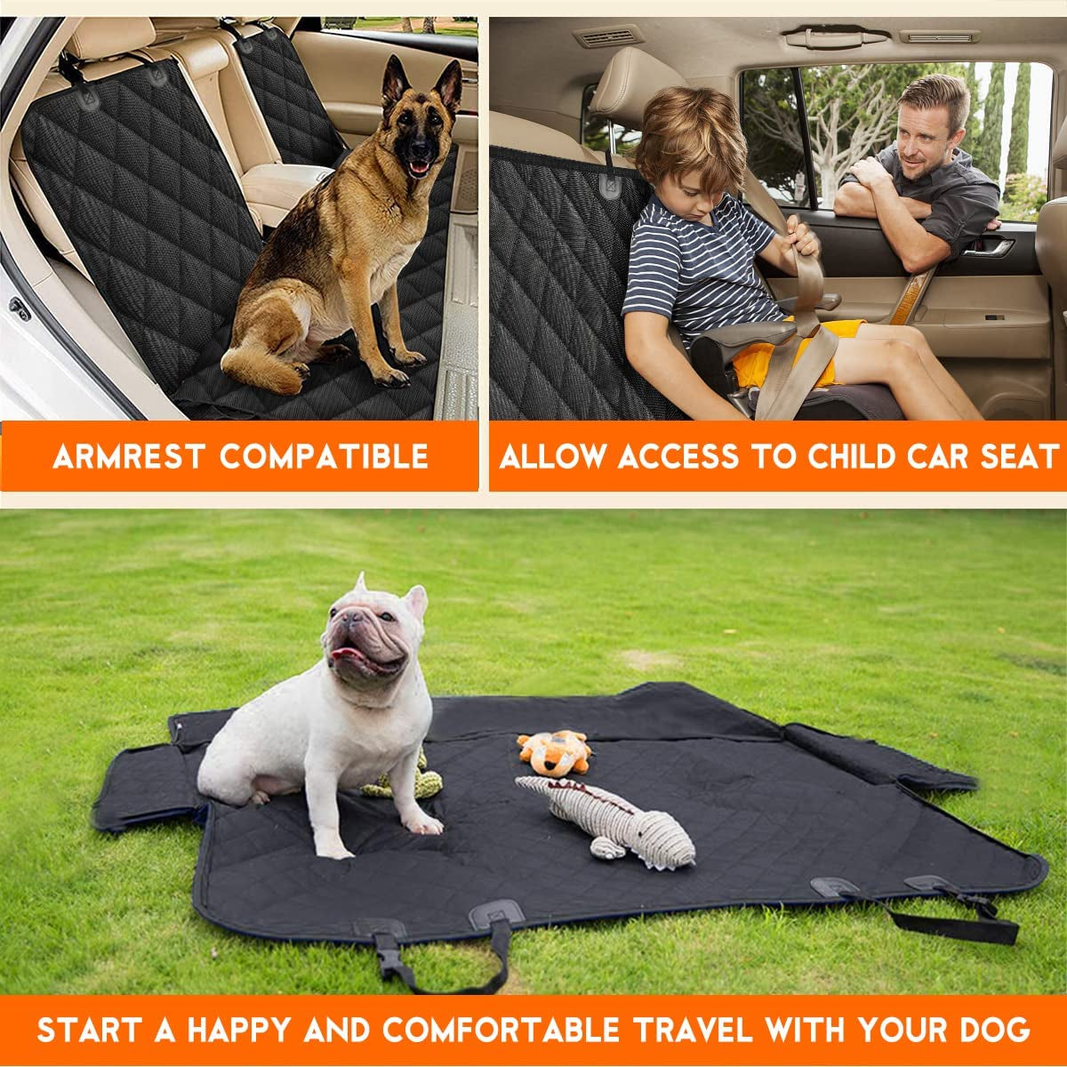 Waterproof dog car seat cover with armrest compatibility, perfect for protecting car seats and keeping dogs comfortable on trips.