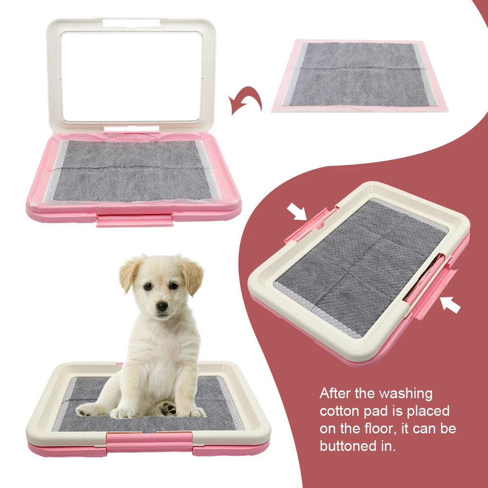 Portable indoor dog potty with pad holder, ideal for small dogs and cats. Features easy-to-clean design and secure pad placement.
