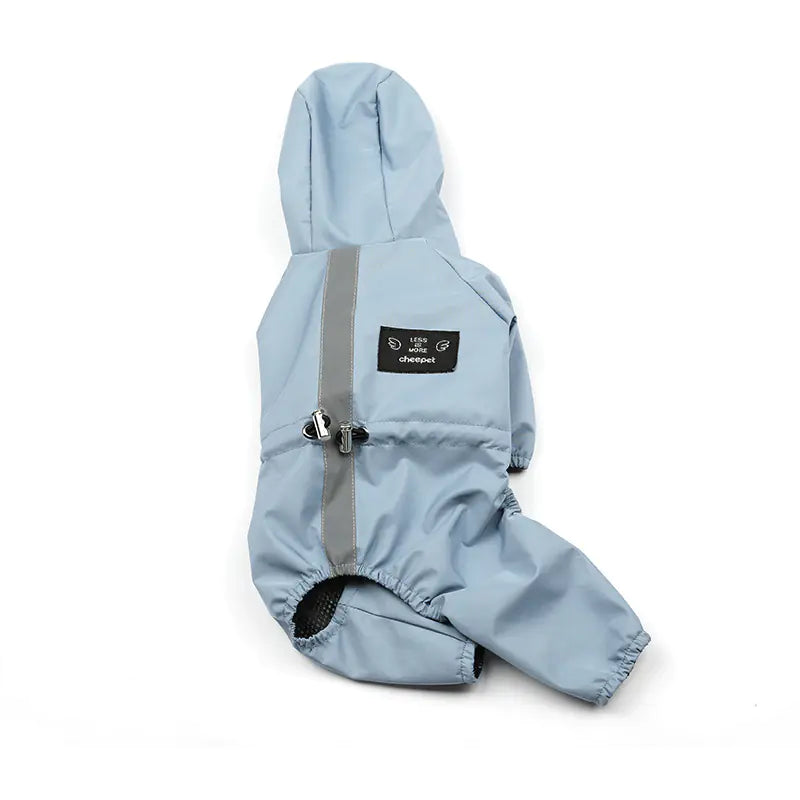 Light blue dog raincoat for winter with hood and reflective strip.