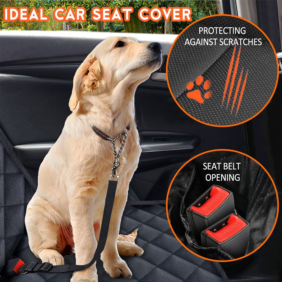 Golden retriever sitting on waterproof dog car seat cover with seat belt opening and scratch protection feature.