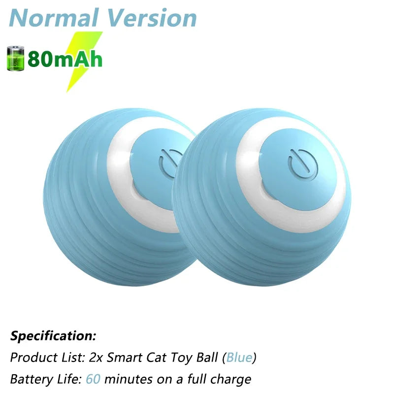 Blue interactive cat toy rolling ball with 80mAh battery, automatic and smart design for engaging indoor play sessions.