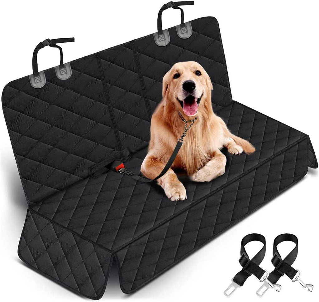 Waterproof dog car seat cover in black protecting a vehicle's back seat with a happy dog sitting on it; suitable for cars, trucks, SUVs.