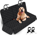 Waterproof dog car seat cover in black protecting a vehicle's back seat with a happy dog sitting on it; suitable for cars, trucks, SUVs.