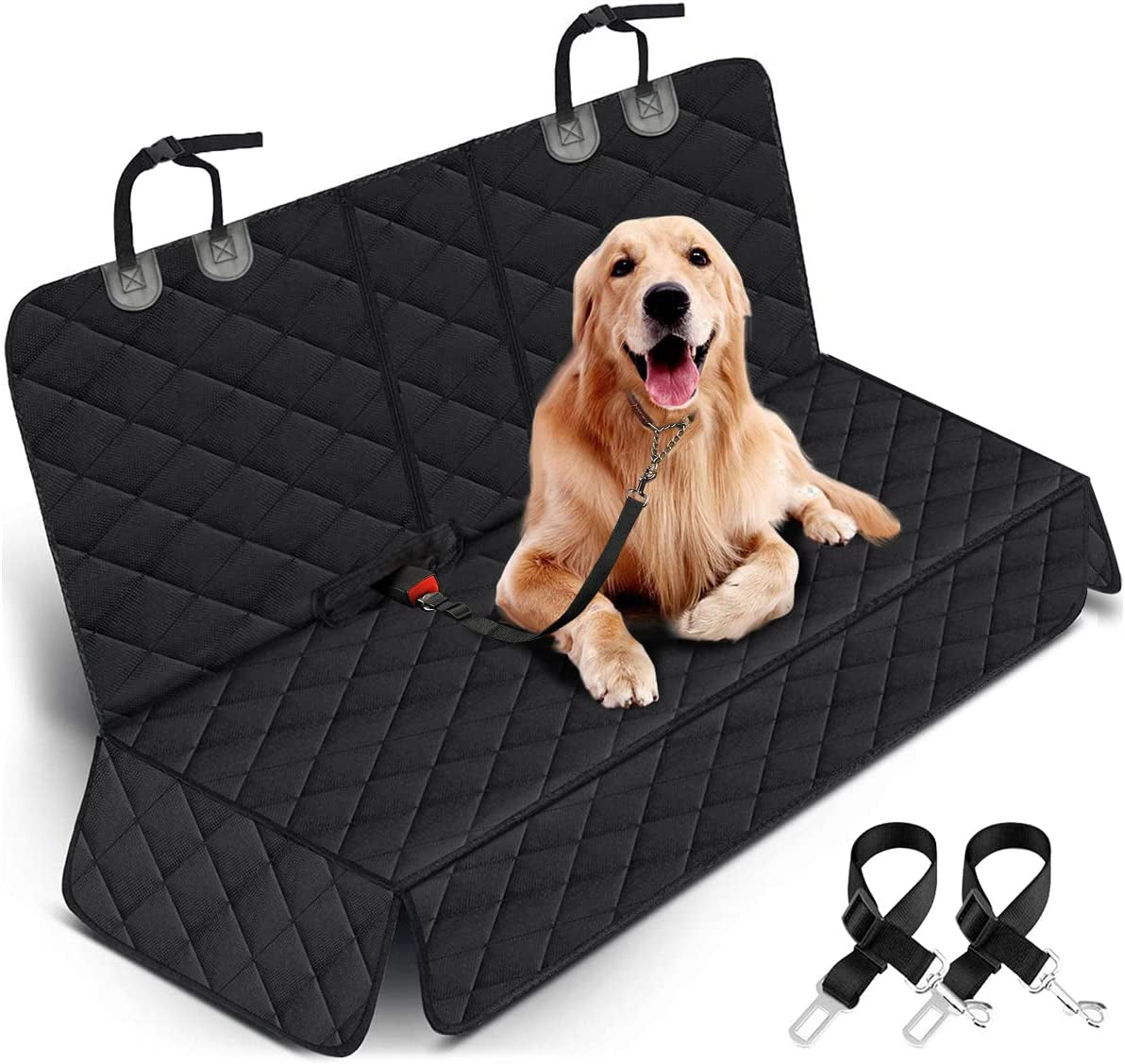 Waterproof dog car seat cover in black protecting a vehicle's back seat with a happy dog sitting on it; suitable for cars, trucks, SUVs.