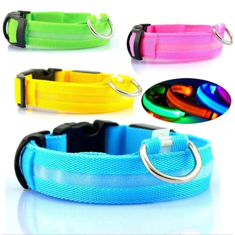 LED dog collar safety in various colors, bright light up glow for pet visibility, adjustable design for night safety and comfort.
