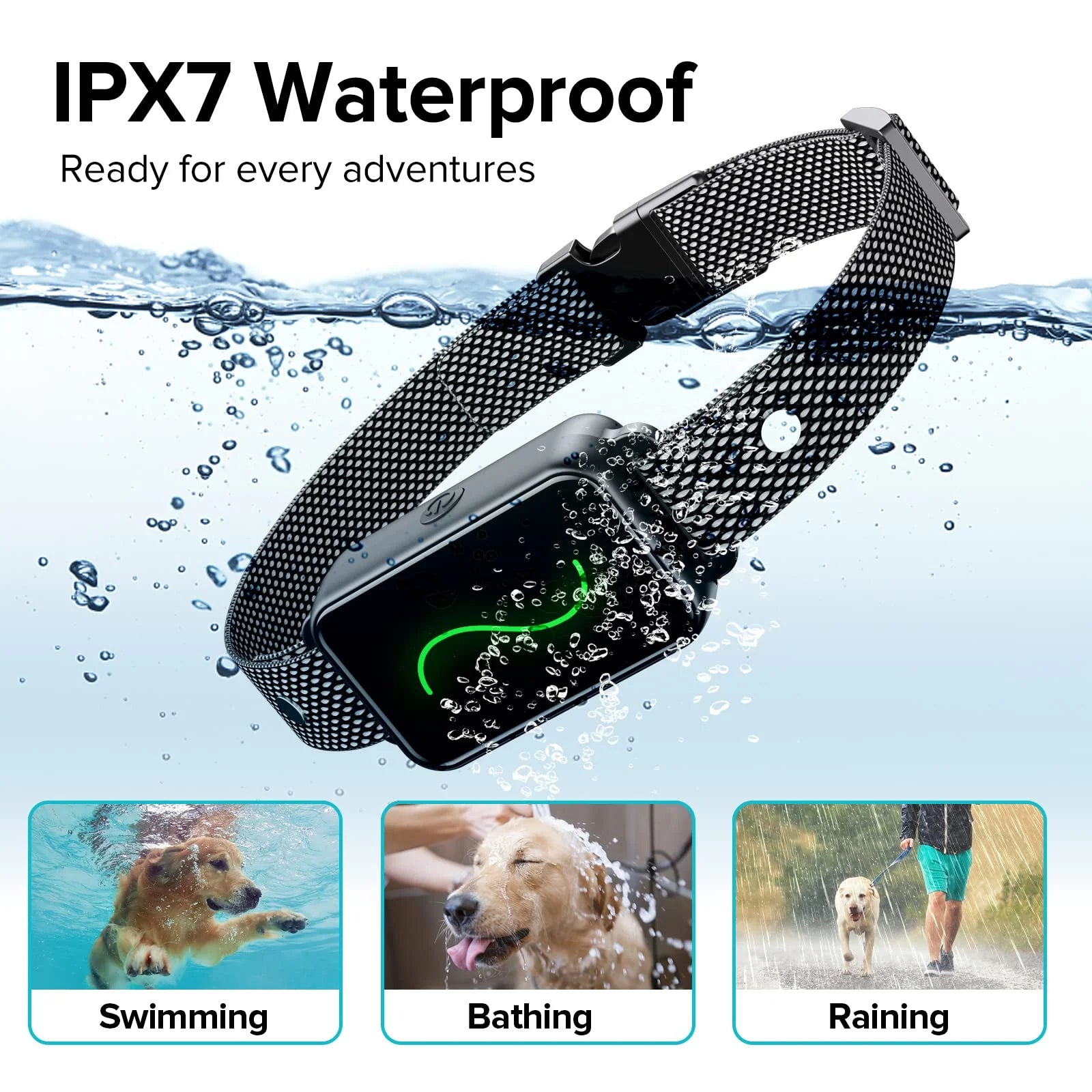 waterproof dog training collar with IPX7 rating, suitable for swimming, bathing, and raining, shown in water with remote control