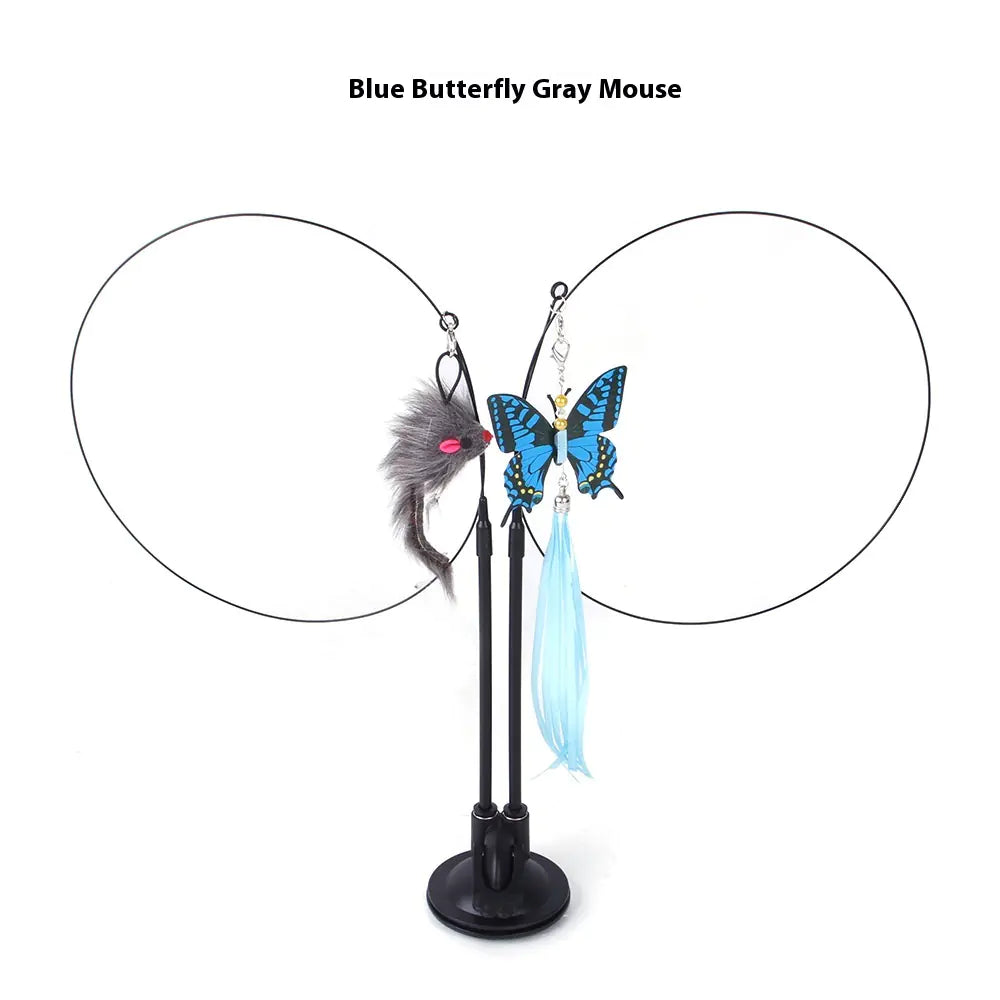 Interactive cat teaser toy with blue butterfly and gray mouse attachments, featuring a suction cup base for playful engagement.