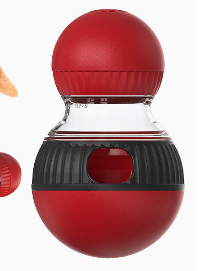 Interactive dog toy puzzle, red and black food dispensing leakage ball for pets, enhances mental stimulation and problem-solving skills.