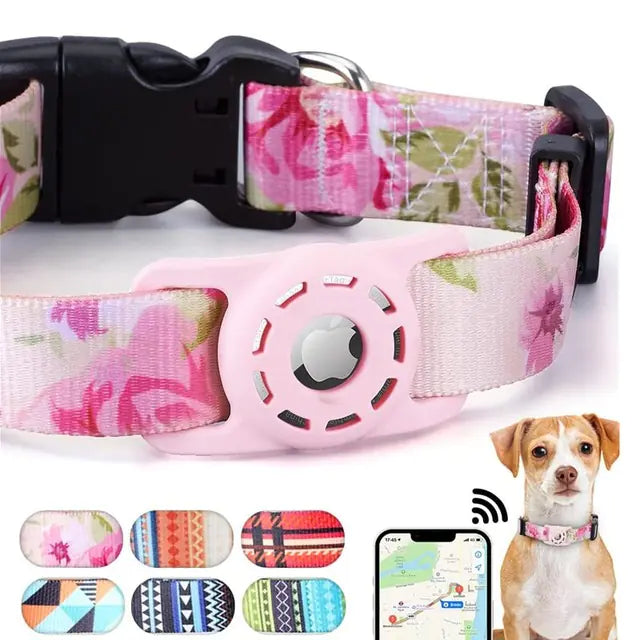 Pink floral Apple AirTag pet collar with digital printing, showcasing stylish design and pet tracking technology.
