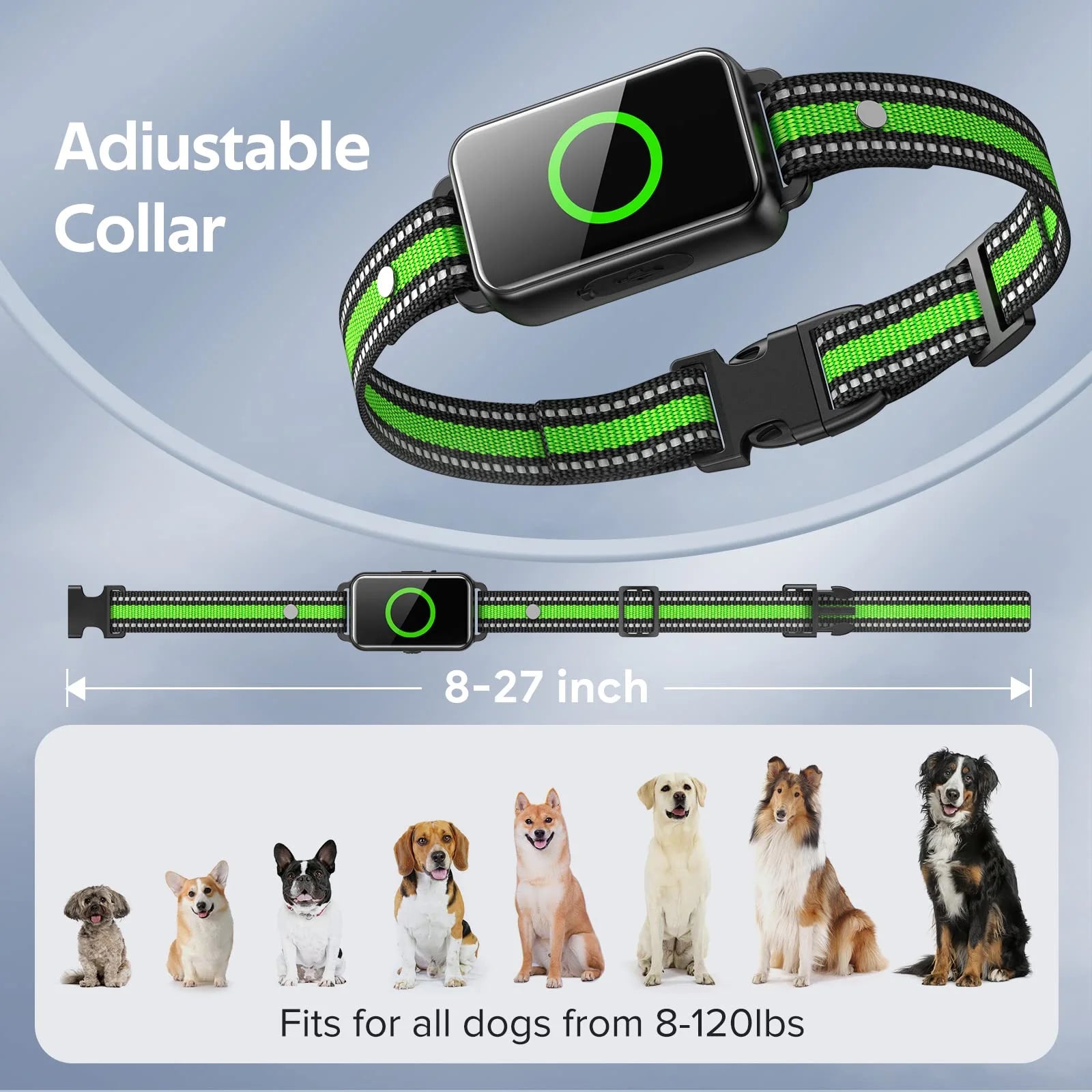 Adjustable waterproof dog training collar with remote, suitable for all dog breeds, showcasing a sleek design and compatibility for 8-120 lbs.