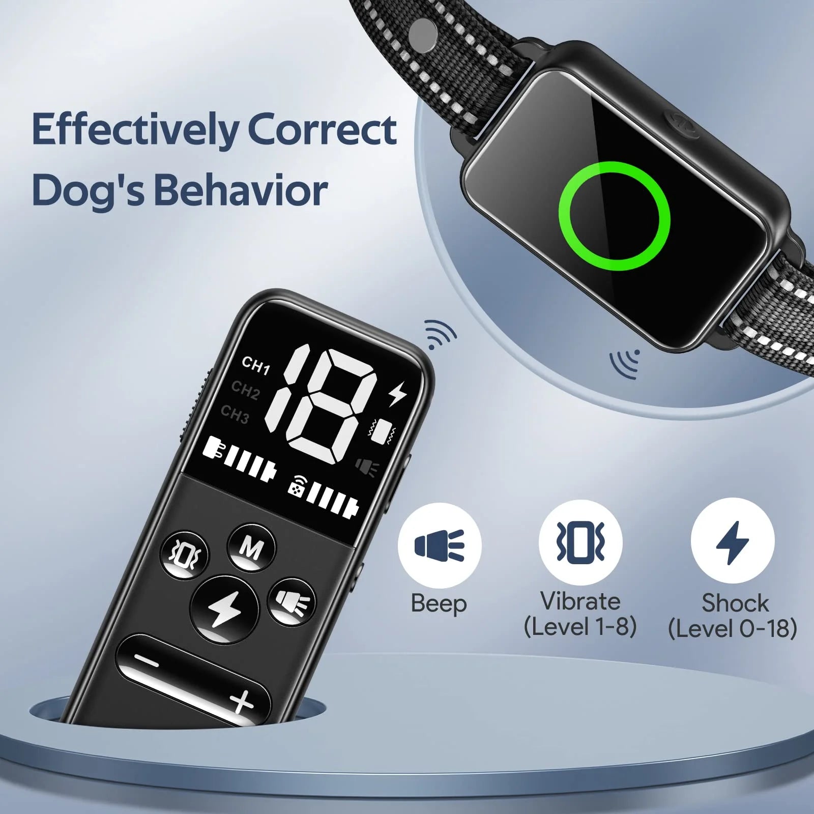 waterproof dog training collar with remote control, suitable for all breeds, featuring beep, vibration, and shock modes for effective behavior correction