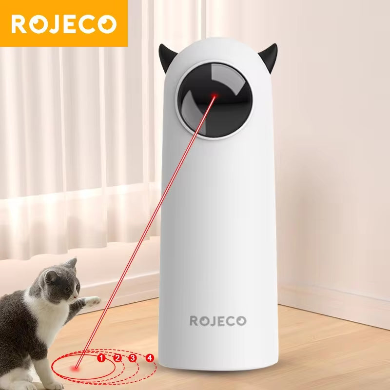 Interactive smart cat toy with LED laser by Rojeco, shown in a home setting with a cat playing, ideal for indoor exercise.