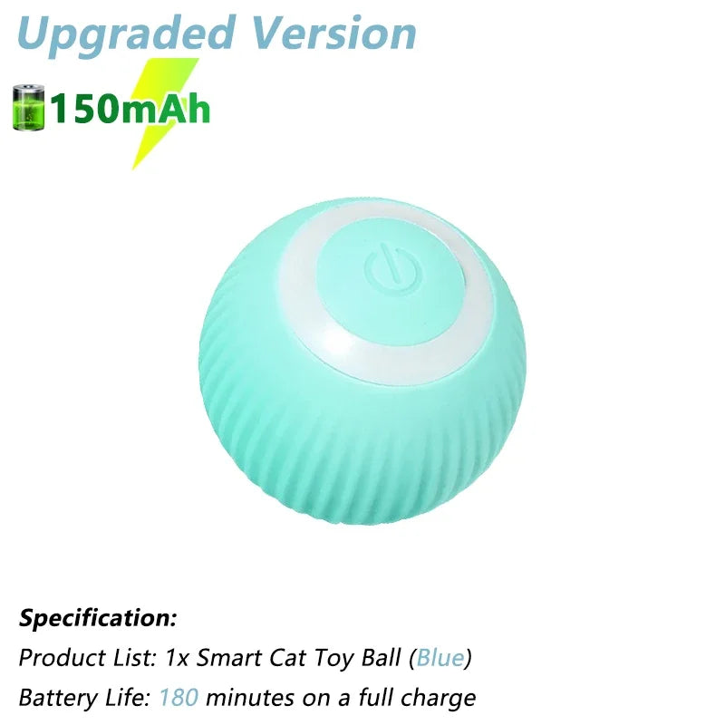 Interactive cat toy rolling ball in blue with power button and upgraded 150mAh battery, offers 180 minutes of playtime.