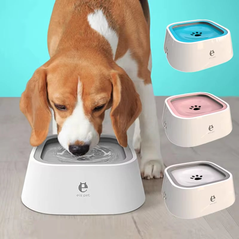 Dog using spill-proof dog water bowl with plastic design, non-skid pad, and color options to prevent spills and keep mouth dry.