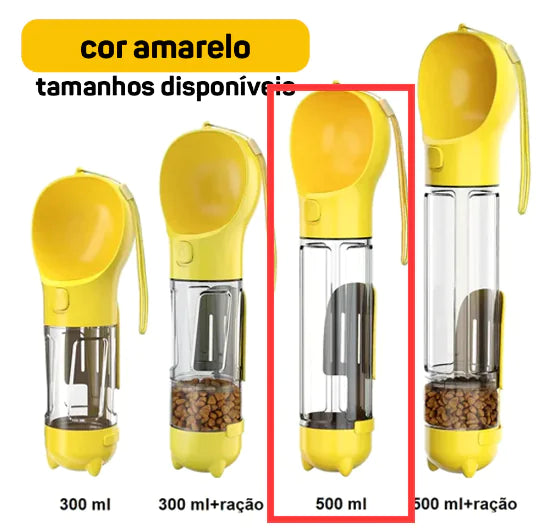 Yellow portable pet water dispenser with food storage, available in various sizes, perfect for walks and travel.