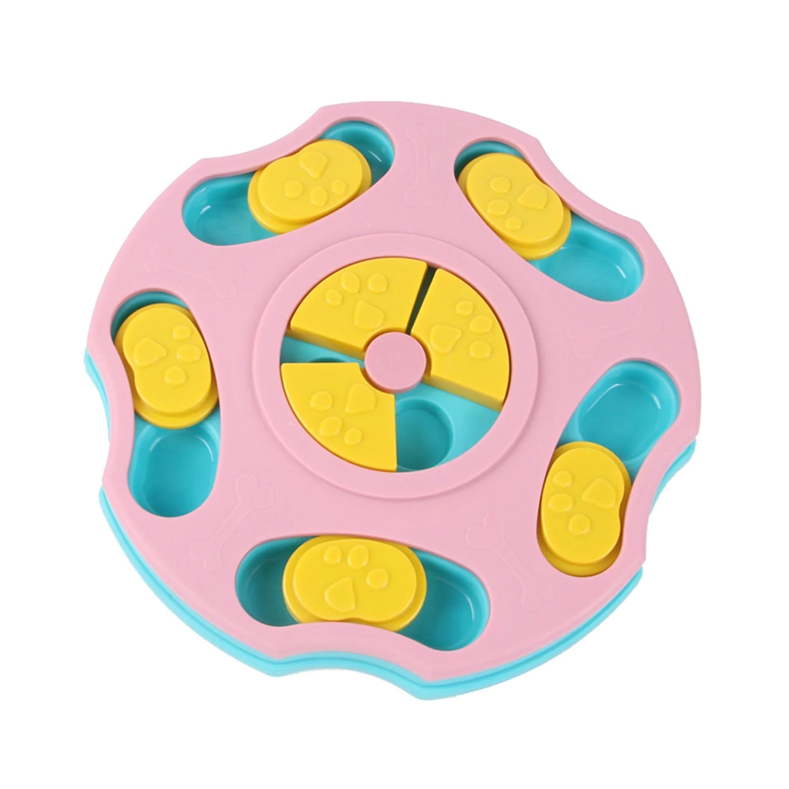 Interactive dog puzzle bowl with pink, blue, and yellow components for slow feeding and mental stimulation during mealtime.
