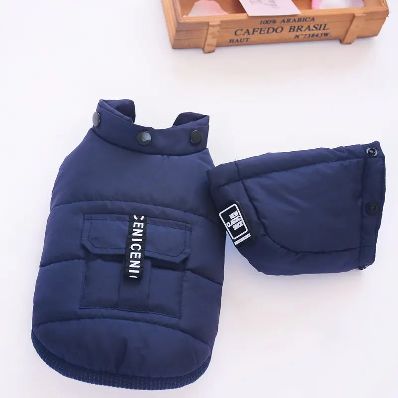 Chic winter dog vest in navy blue, made from premium polyester, designed for warmth and style in European and American fashion.