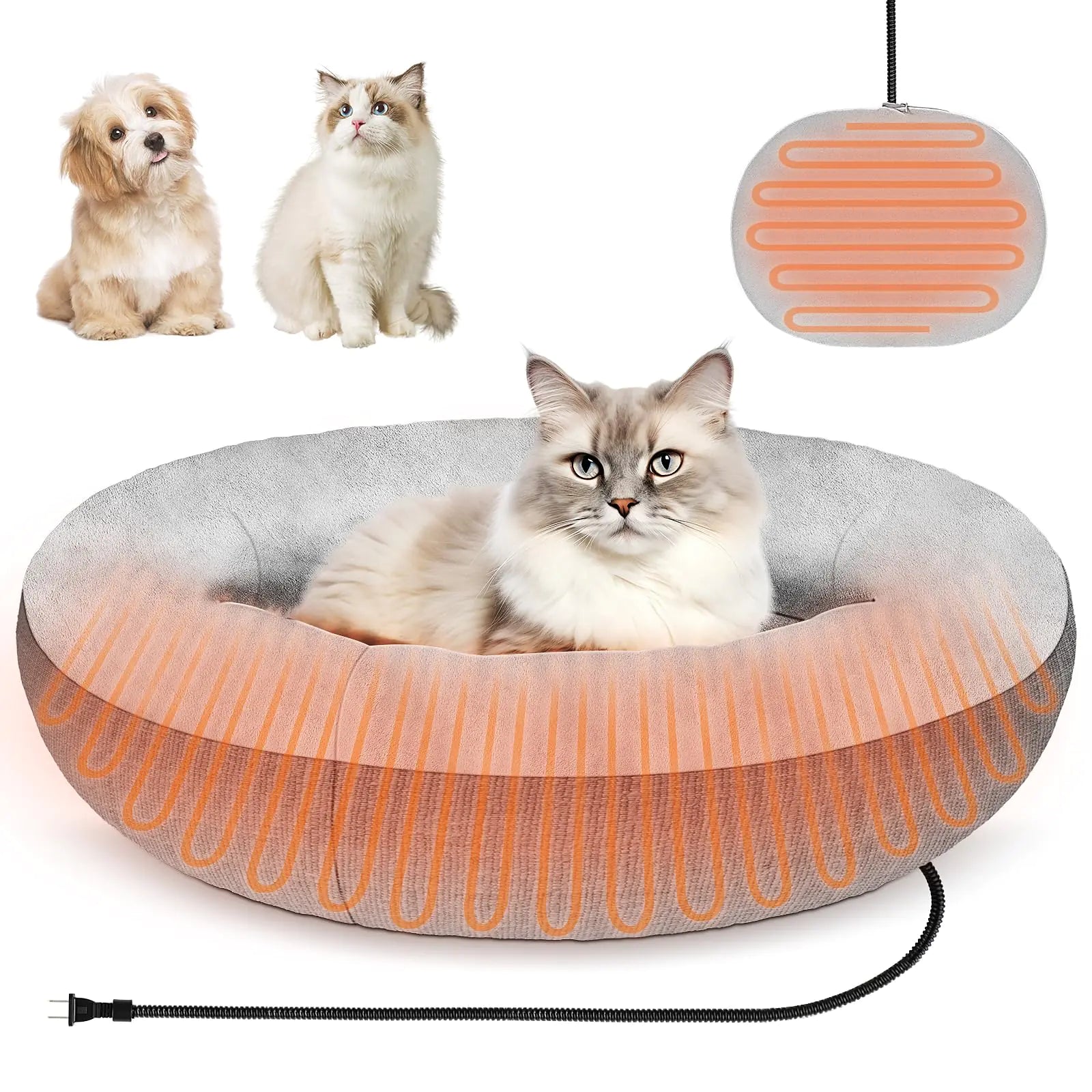 Heated cat bed with electric heating pad for indoor cats and small dogs, featuring warming constant temperature technology.