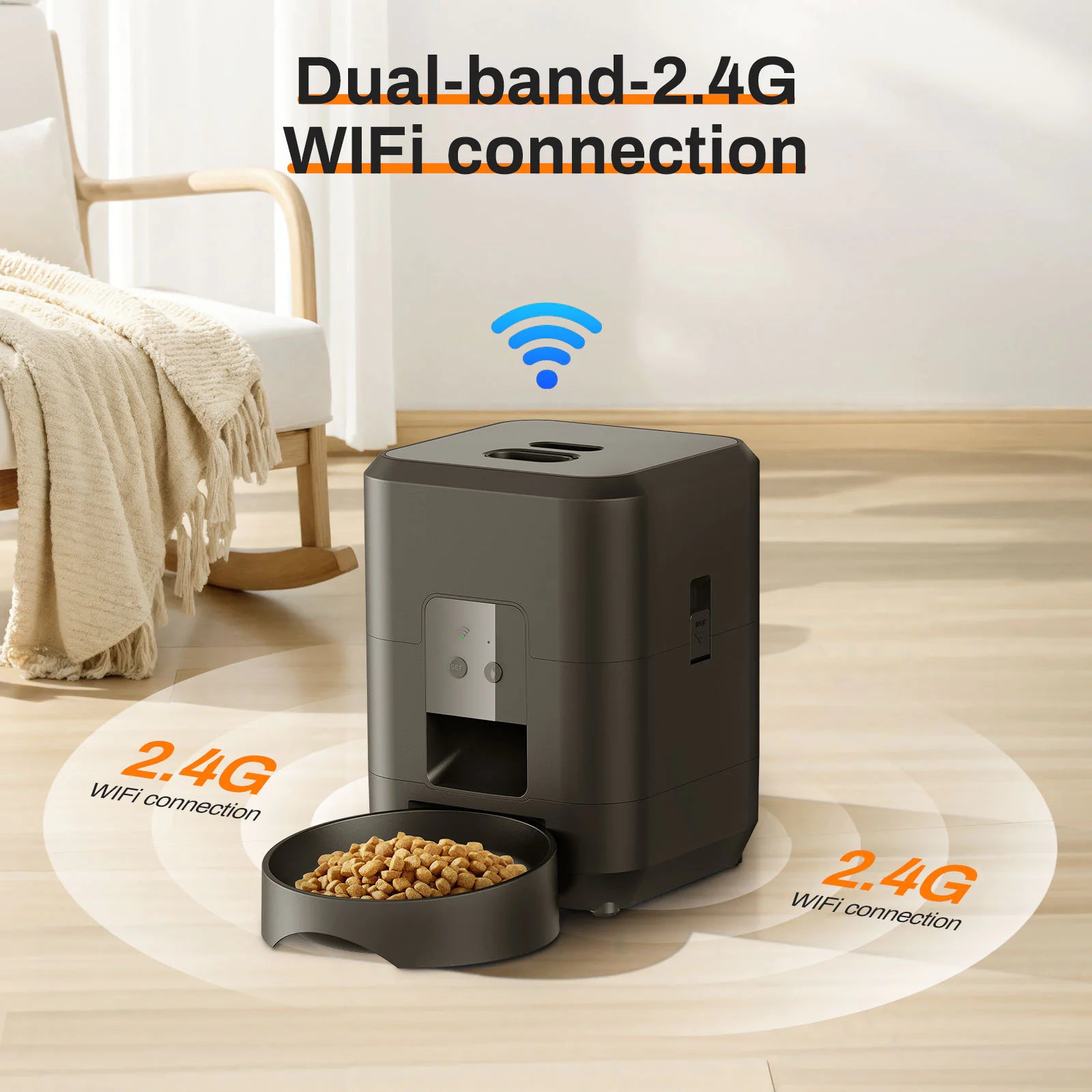 Smart pet feeding scheduler with dual-band 2.4G WiFi connection for remote control and precise meal timing.