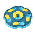 Interactive dog puzzle bowl for slow feeding, blue and yellow design, encourages slower eating and mental stimulation during mealtime.