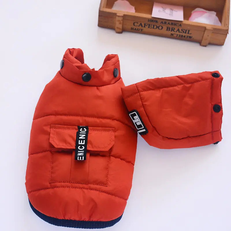 Chic winter dog vest in vibrant red polyester, designed for warmth and style, perfect for fashionable pets during chilly days.
