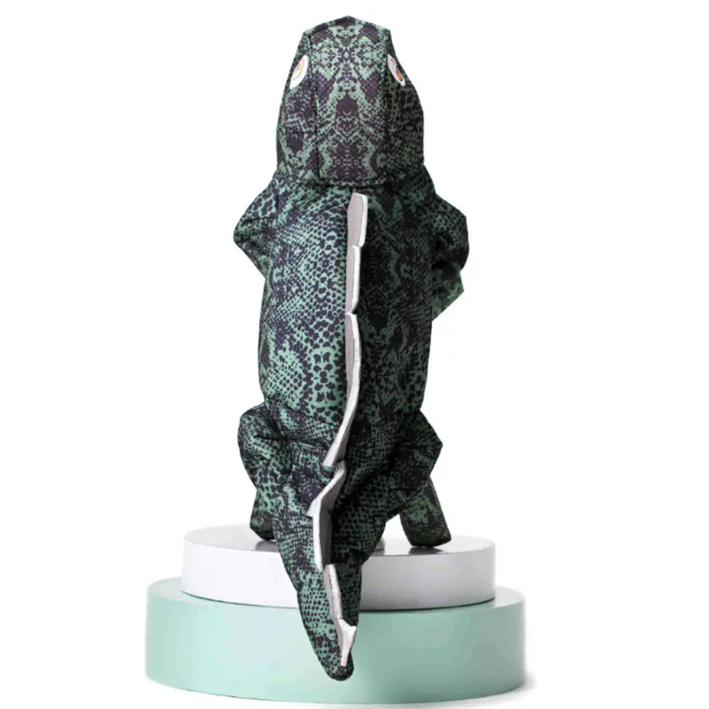 Funny dinosaur pet costume on display showcasing the back view for dogs in XS-XXL sizes, perfect for parties and fun occasions.