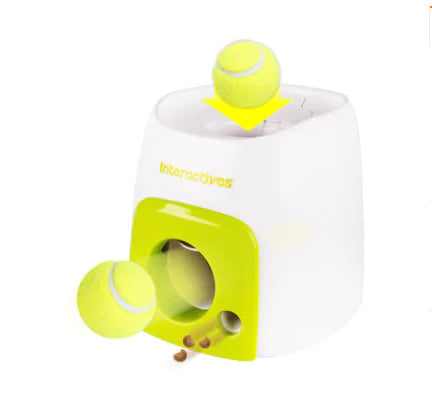 Interactive dog toy with ball feeder and tennis ball launcher for pets
