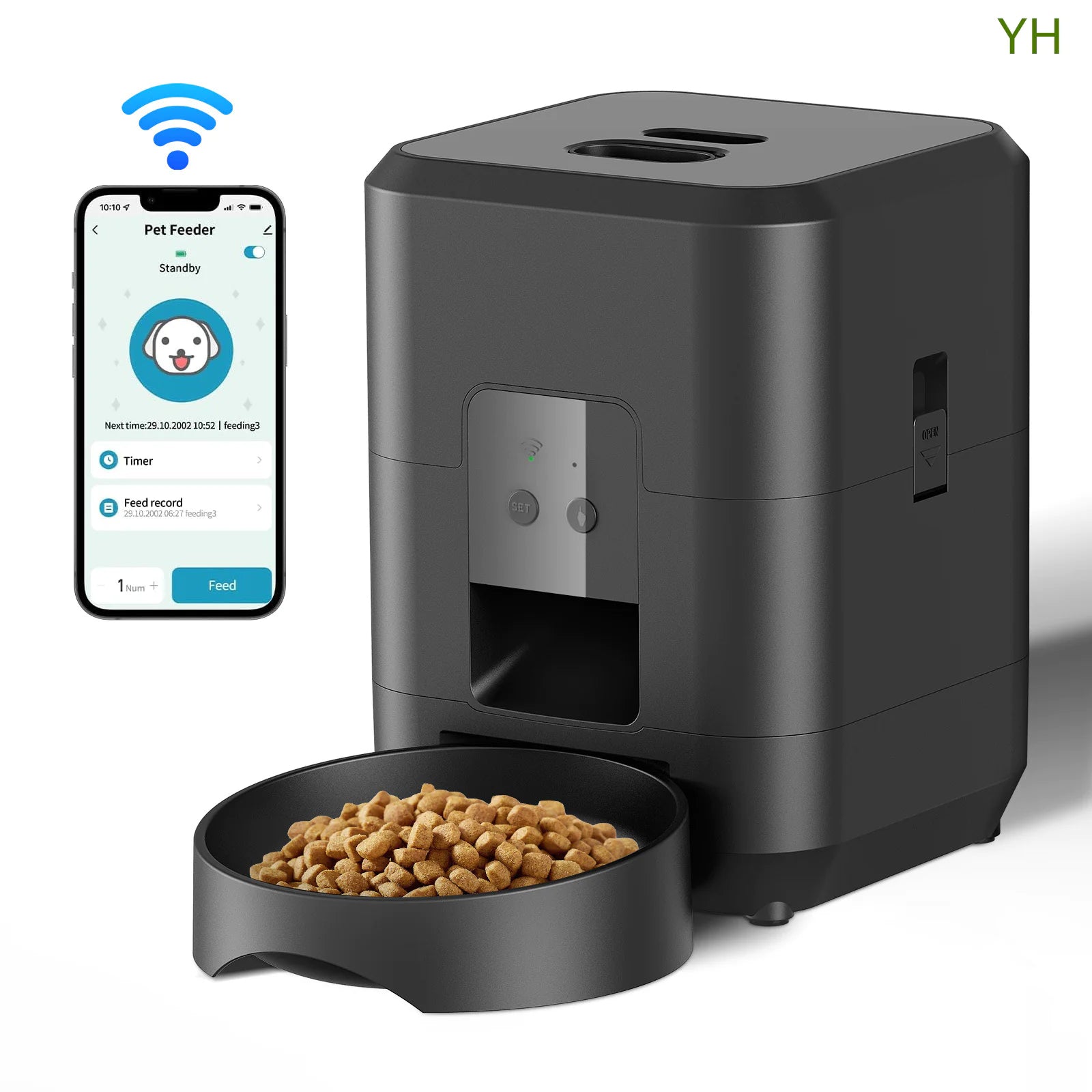 Smart pet feeding scheduler with remote timing and portion control, showing the feeder and app interface for meal scheduling.