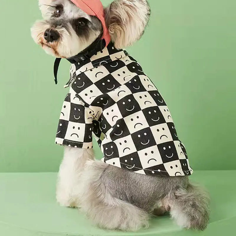 Small dog wearing a stylish checked denim pet shirt, perfect for casual outings or special events.